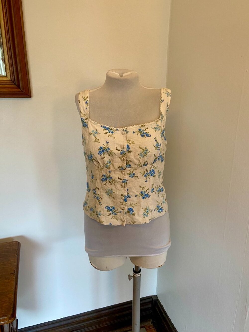 Kirious Los Angeles Floral Corset Top Blue Button Milkmaid Smocked XL Lace Cream